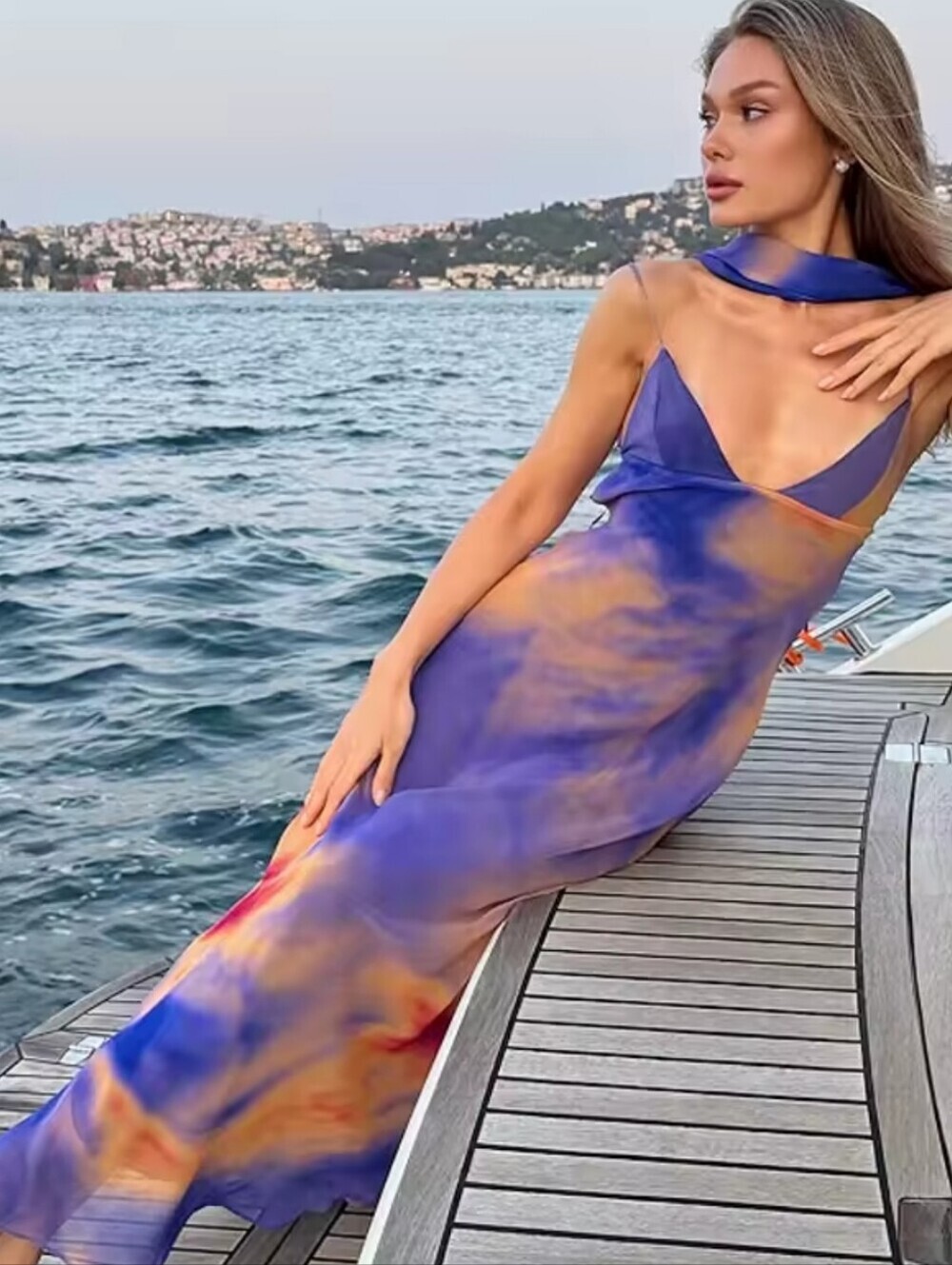 Flowing Blue & Orange Tie-Dye Maxi Dress - Picture 5 of 6